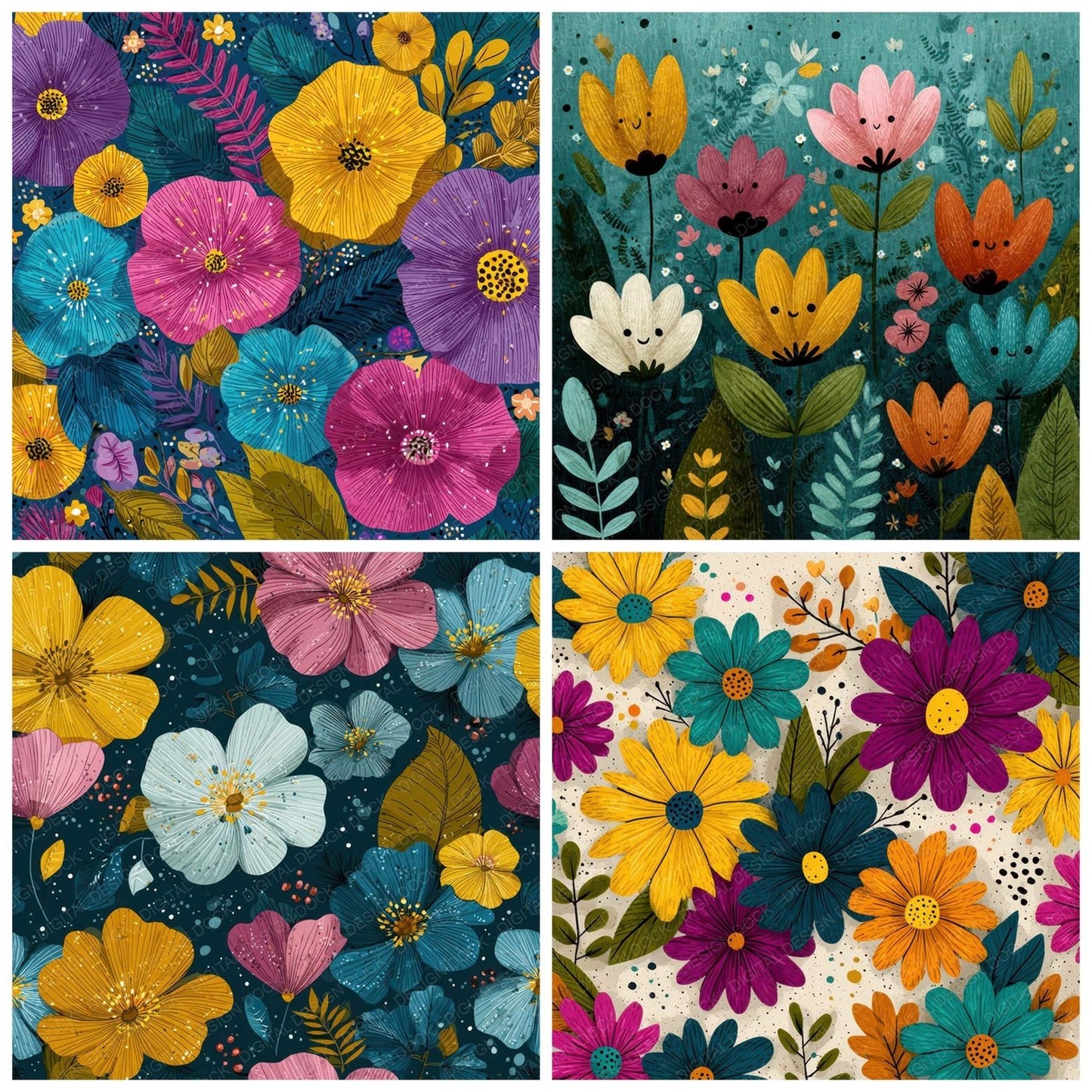 Whimsical Cartoon Floral Background Digital Paper Pack (DDD007867)