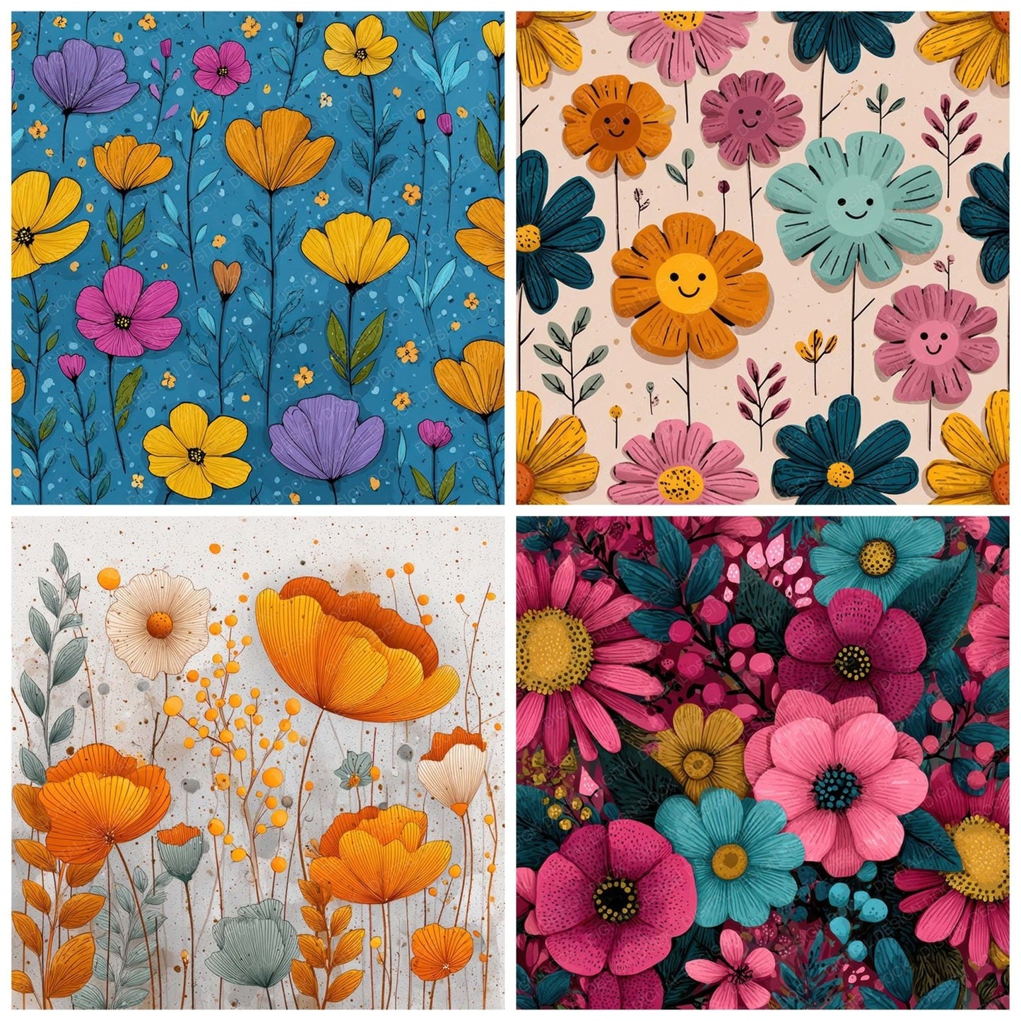 Whimsical Cartoon Floral Background Digital Paper Pack (DDD007867)