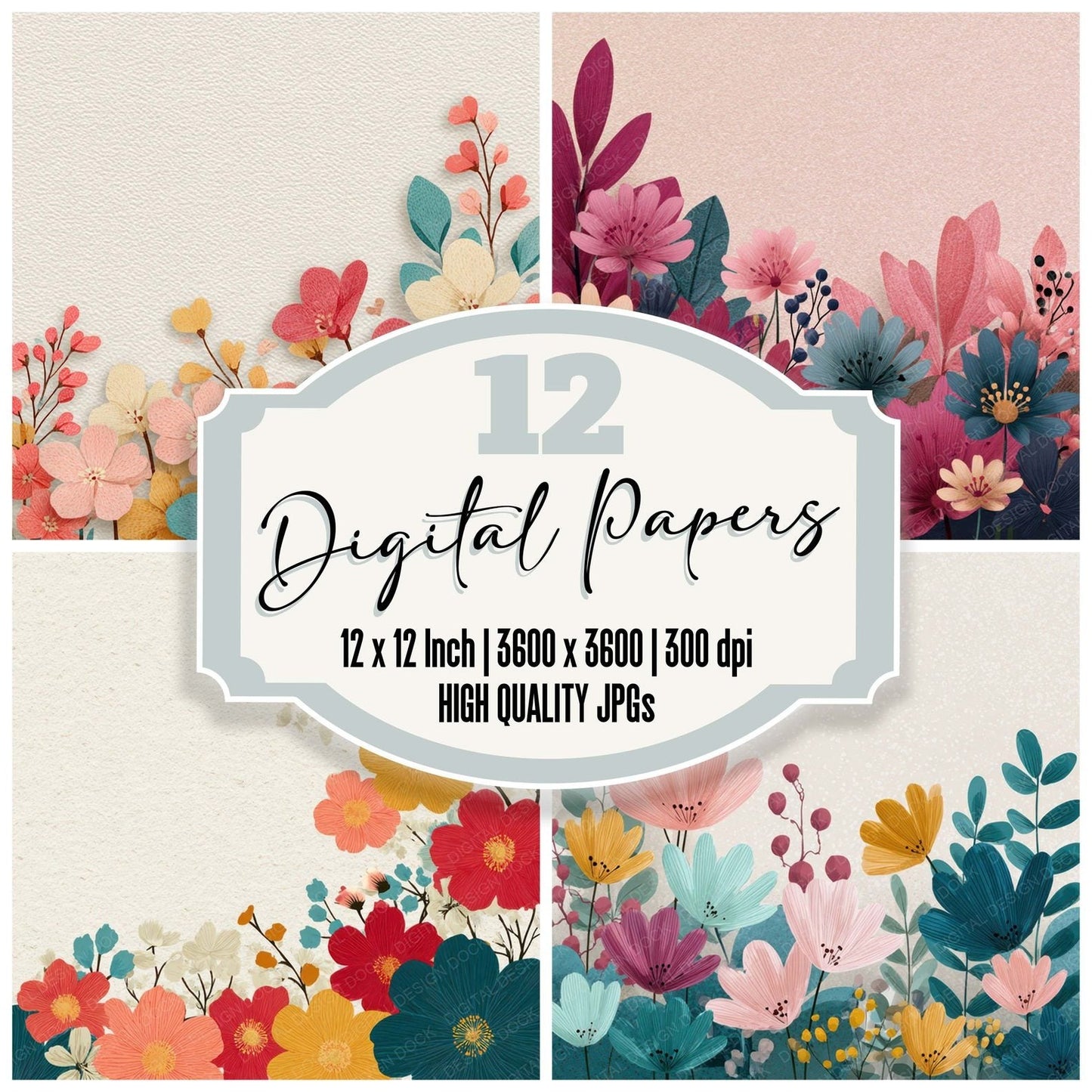 Cartoon Floral Border Background Digital Paper Pack (DDD007870)