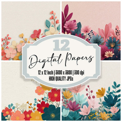 Cartoon Floral Border Background Digital Paper Pack (DDD007870)