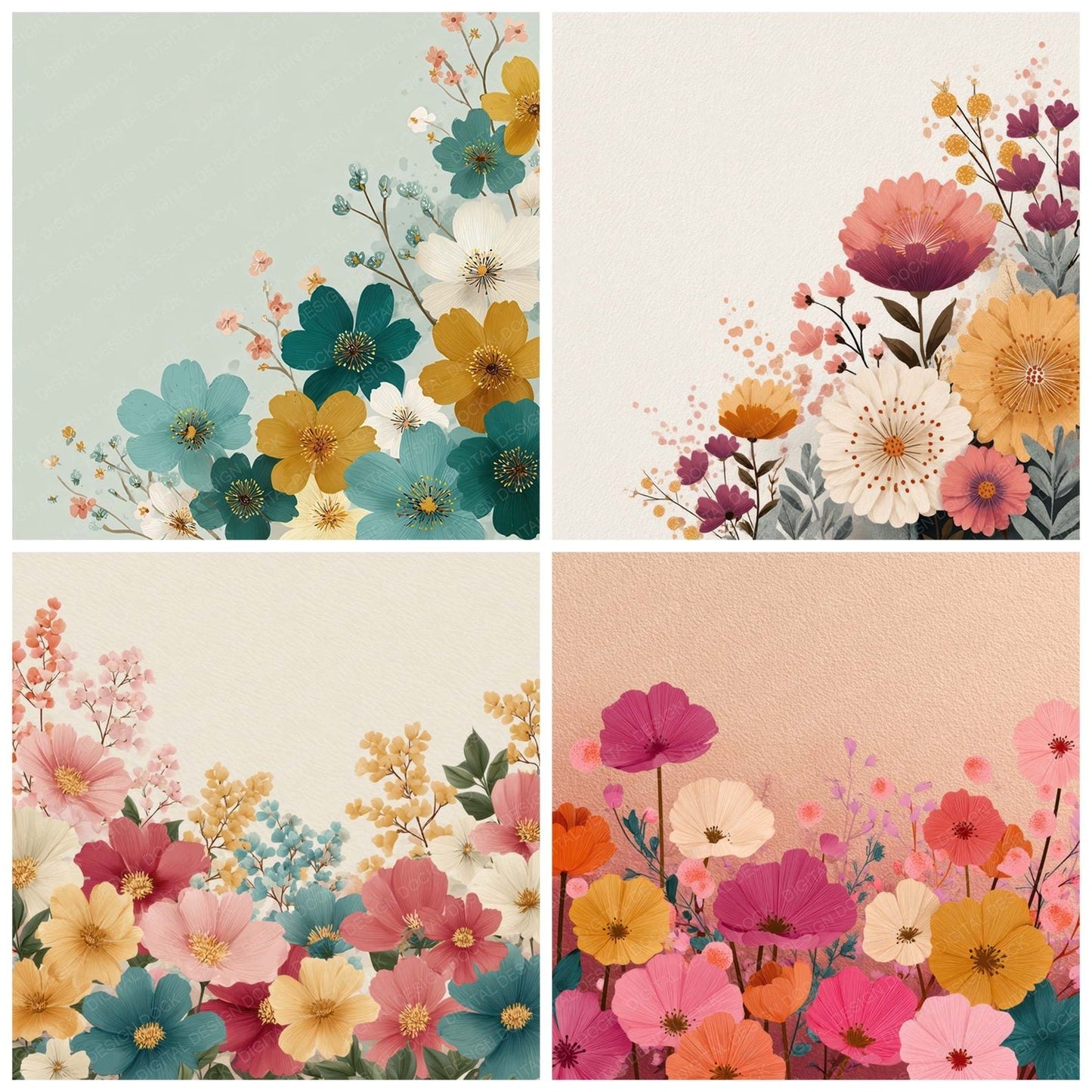 Cartoon Floral Border Background Digital Paper Pack (DDD007870)