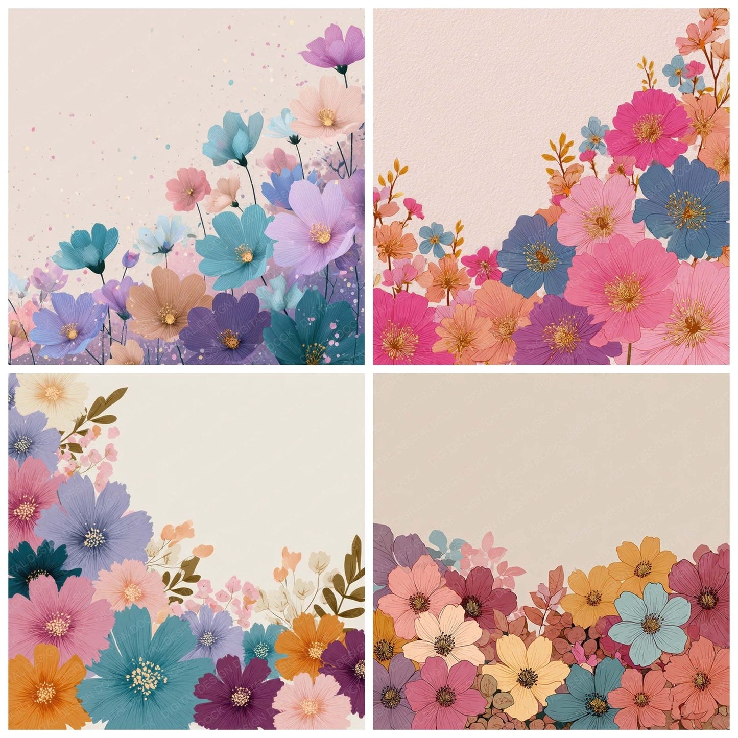 Cartoon Floral Border Background Digital Paper Pack (DDD007870)