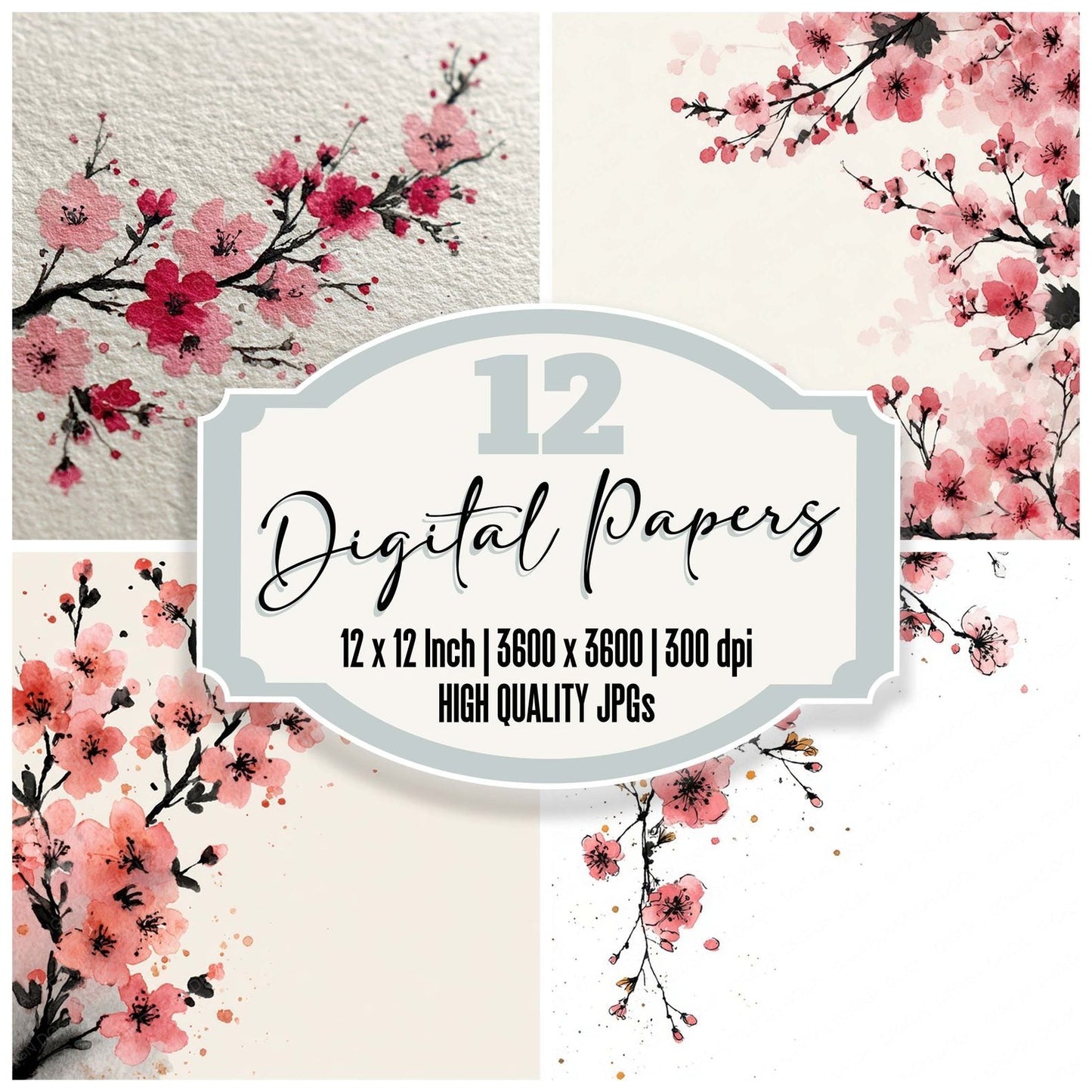 Cherry Blossom Floral Border Digital Paper Pack (DDD007872)