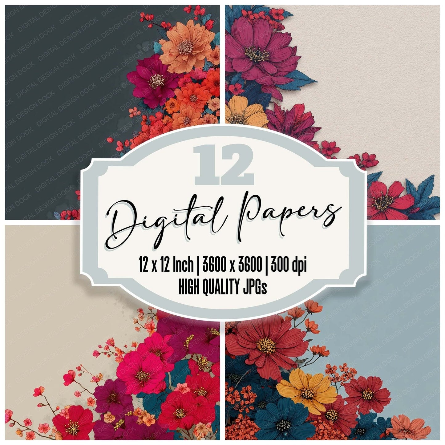 Corner Floral Border Background Digital Paper Pack (DDD007873)