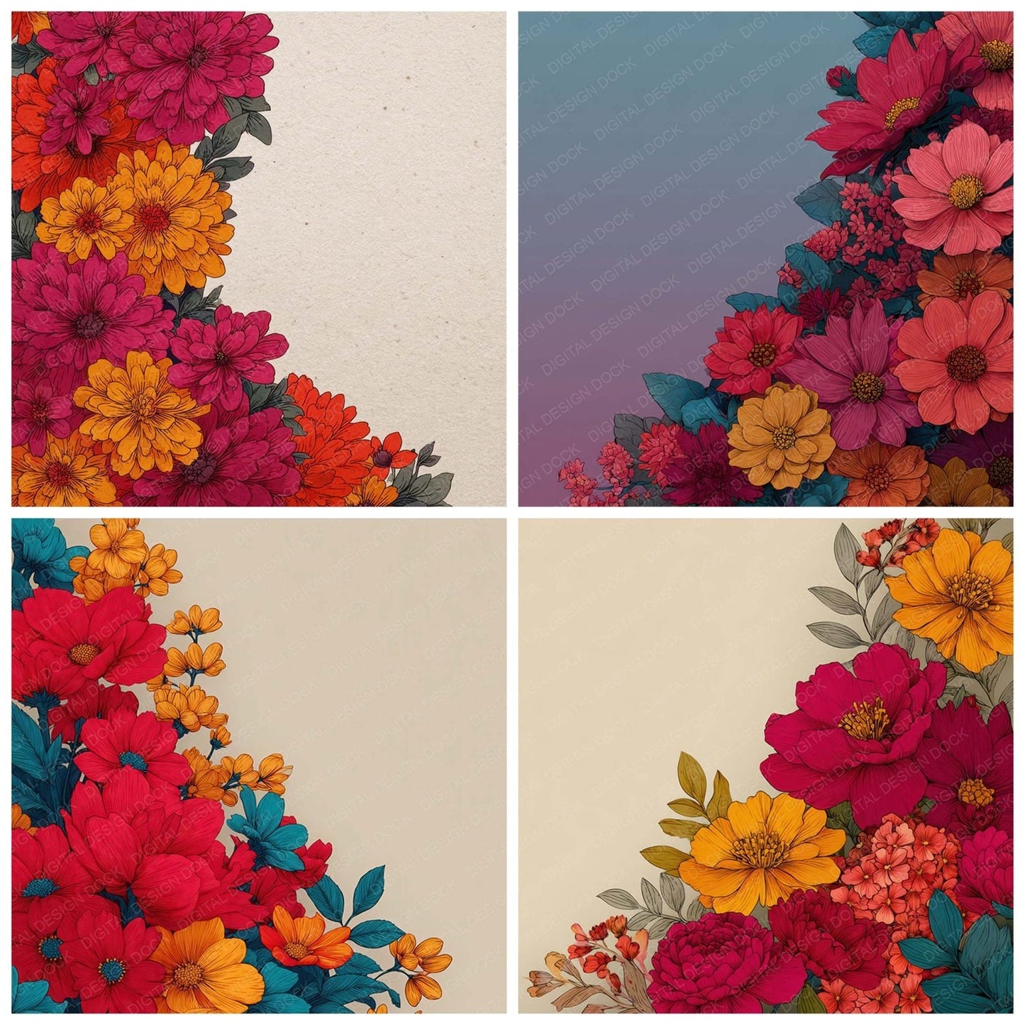 Corner Floral Border Background Digital Paper Pack (DDD007873)