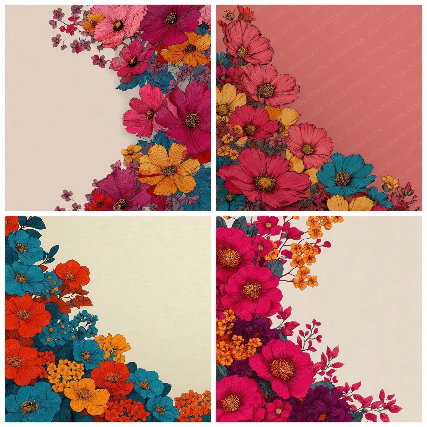 Corner Floral Border Background Digital Paper Pack (DDD007873)