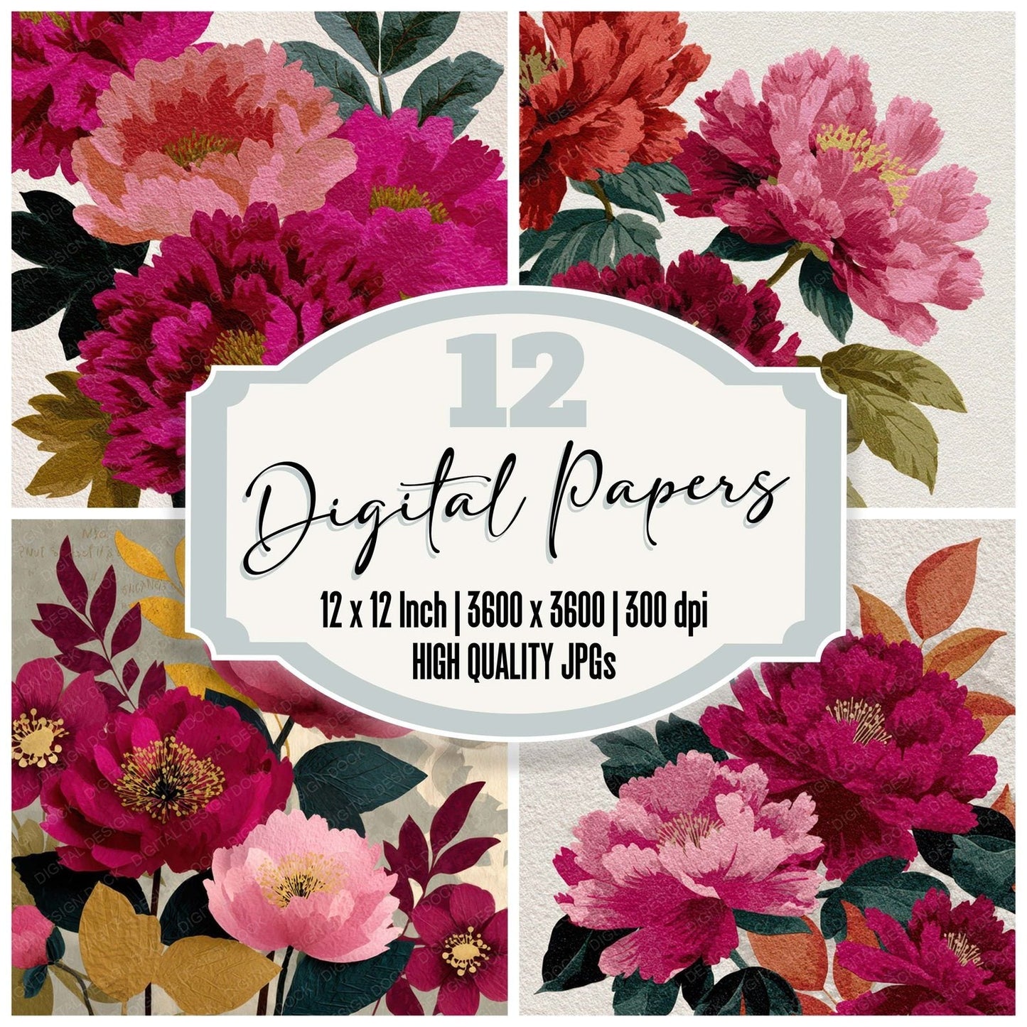 Peony Floral Border Digital Paper Pack (DDD007877)
