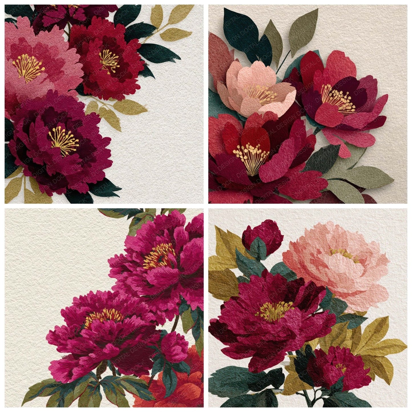 Peony Floral Border Digital Paper Pack (DDD007877)