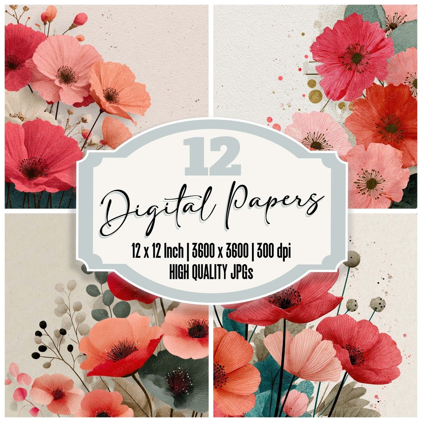 Poppy Floral Border Digital Paper Pack (DDD007878)