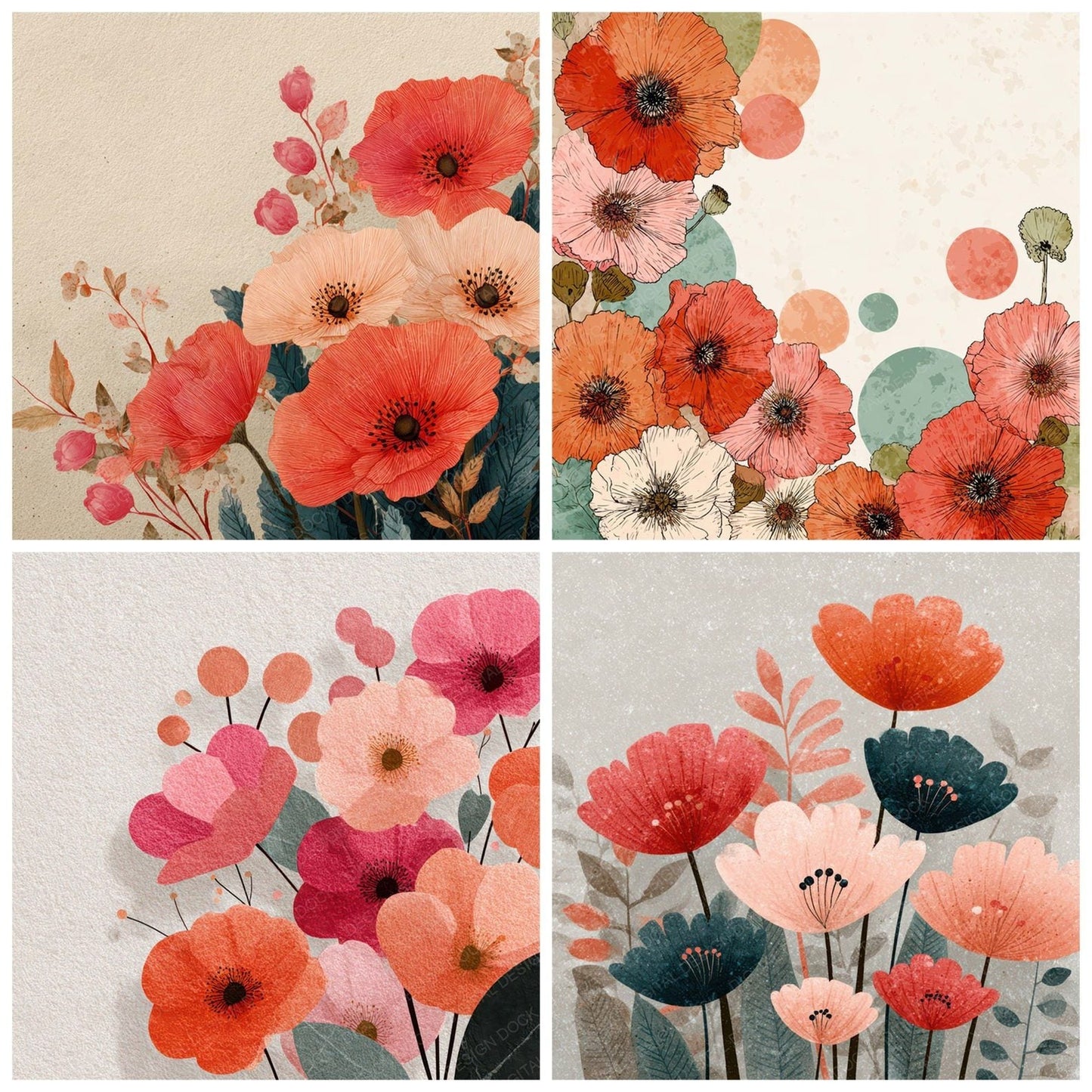 Poppy Floral Border Digital Paper Pack (DDD007878)