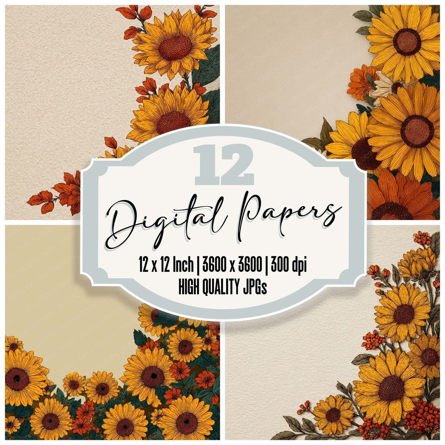 Sunflower Floral Border Digital Paper Pack (DDD007883)