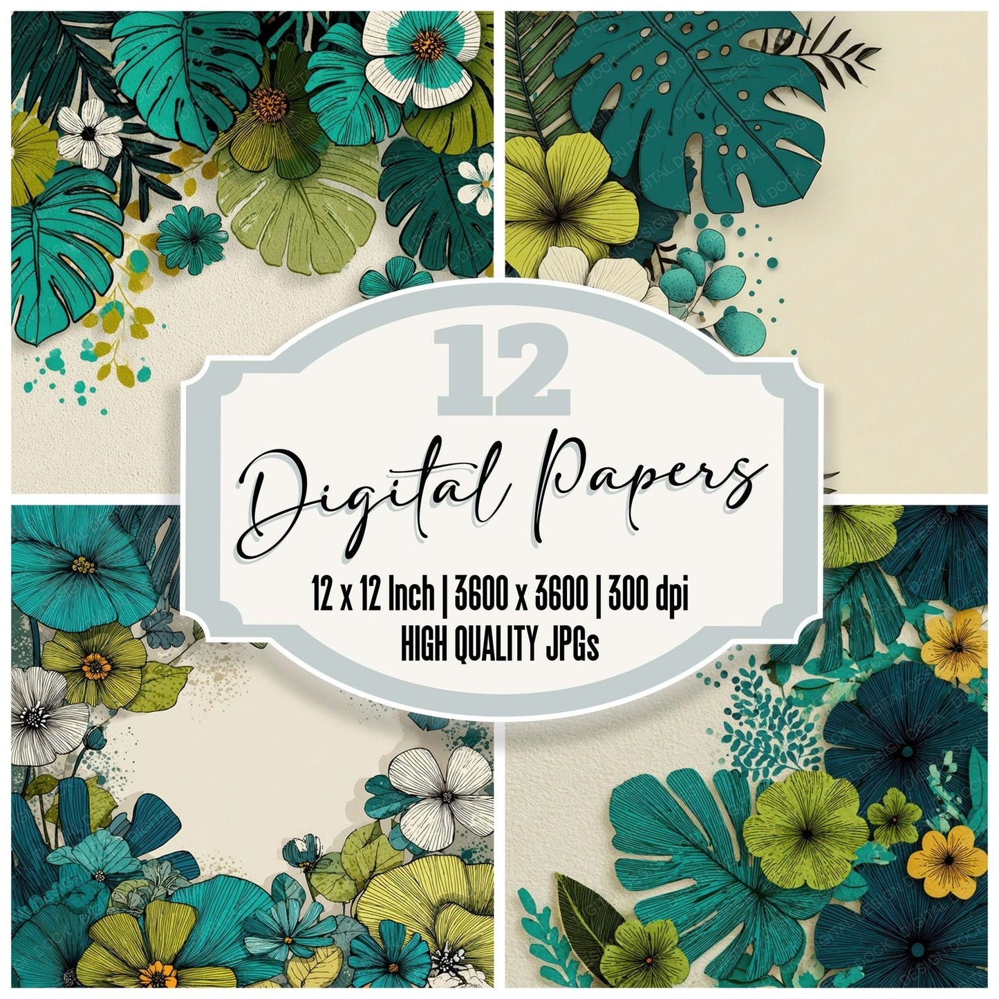Tropical Floral Border Digital Paper Pack (DDD007885)