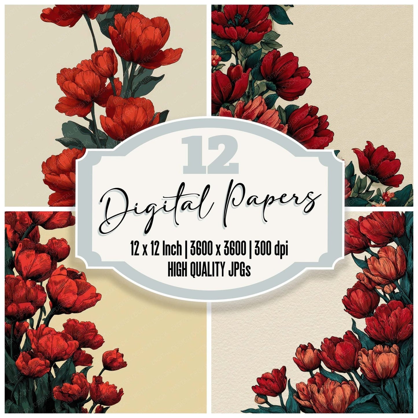 Tulip Floral Border Digital Paper Pack (DDD007886)