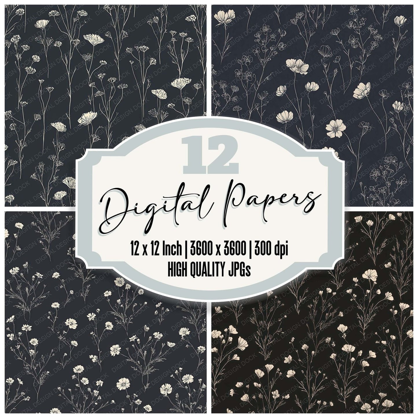 Charcoal Ivory Meadow Digital Paper Pack (DDD008008)