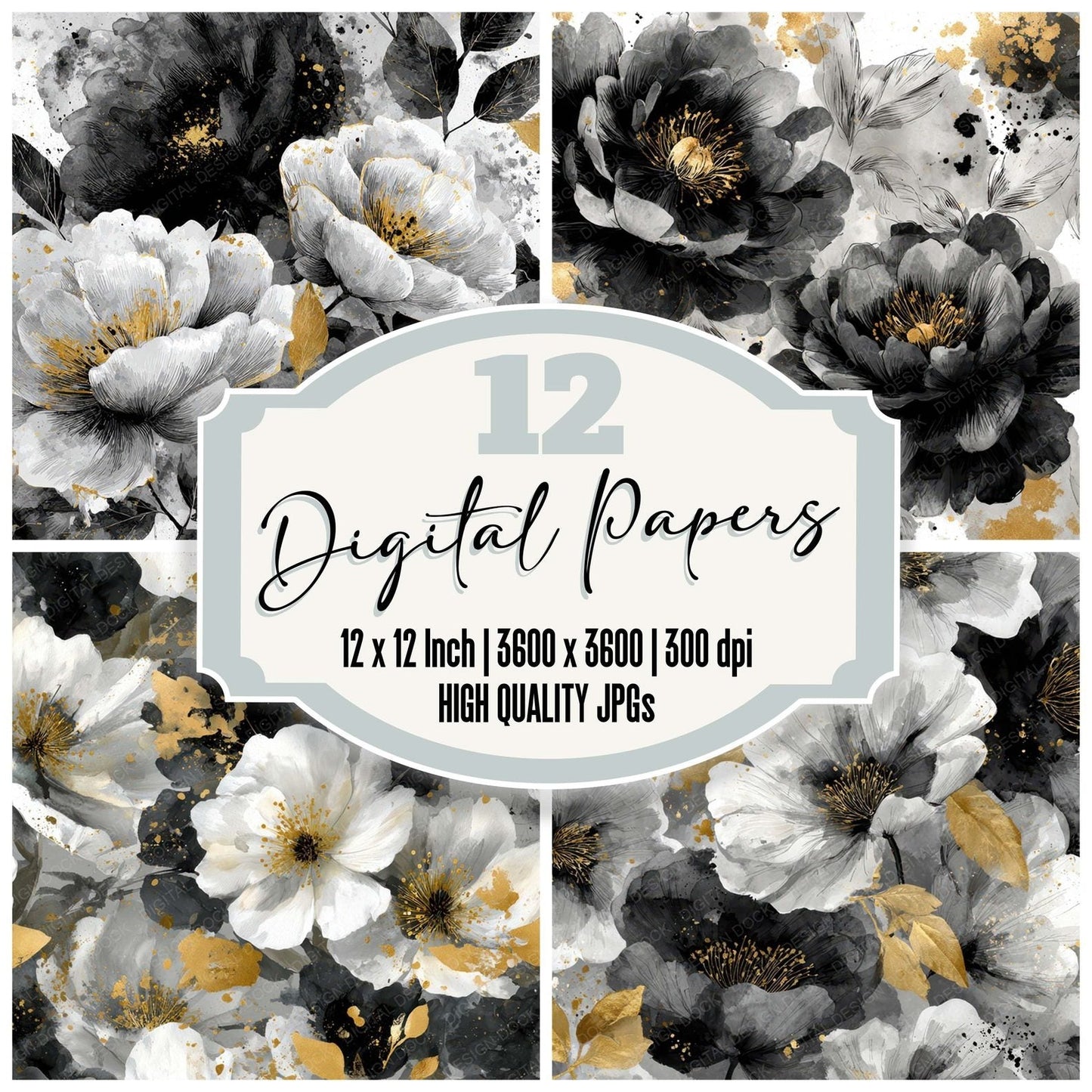 Monochrome Gold Bloom Digital Paper Pack (DDD008015)