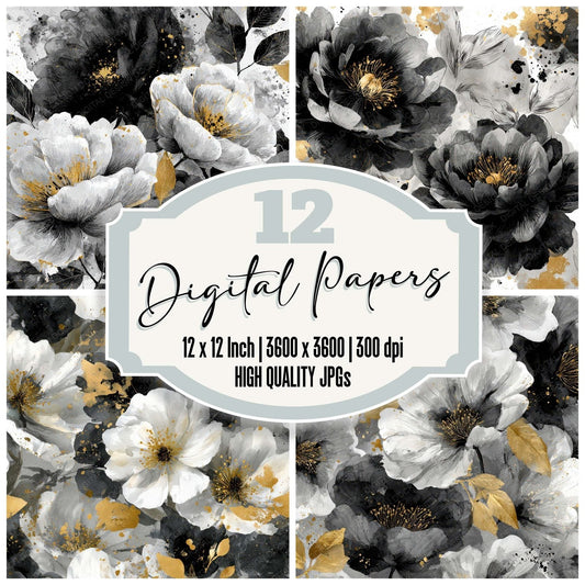 Monochrome Gold Bloom Digital Paper Pack (DDD008015)
