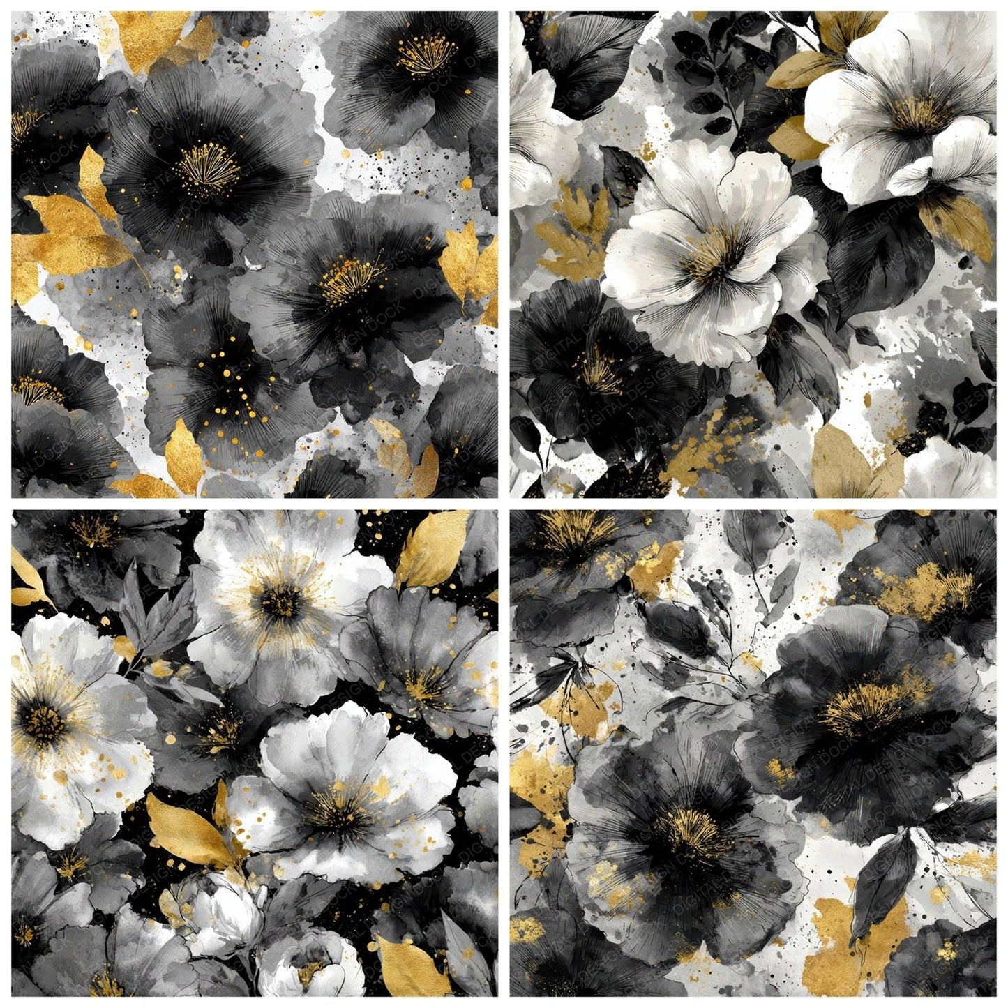 Monochrome Gold Bloom Digital Paper Pack (DDD008015)
