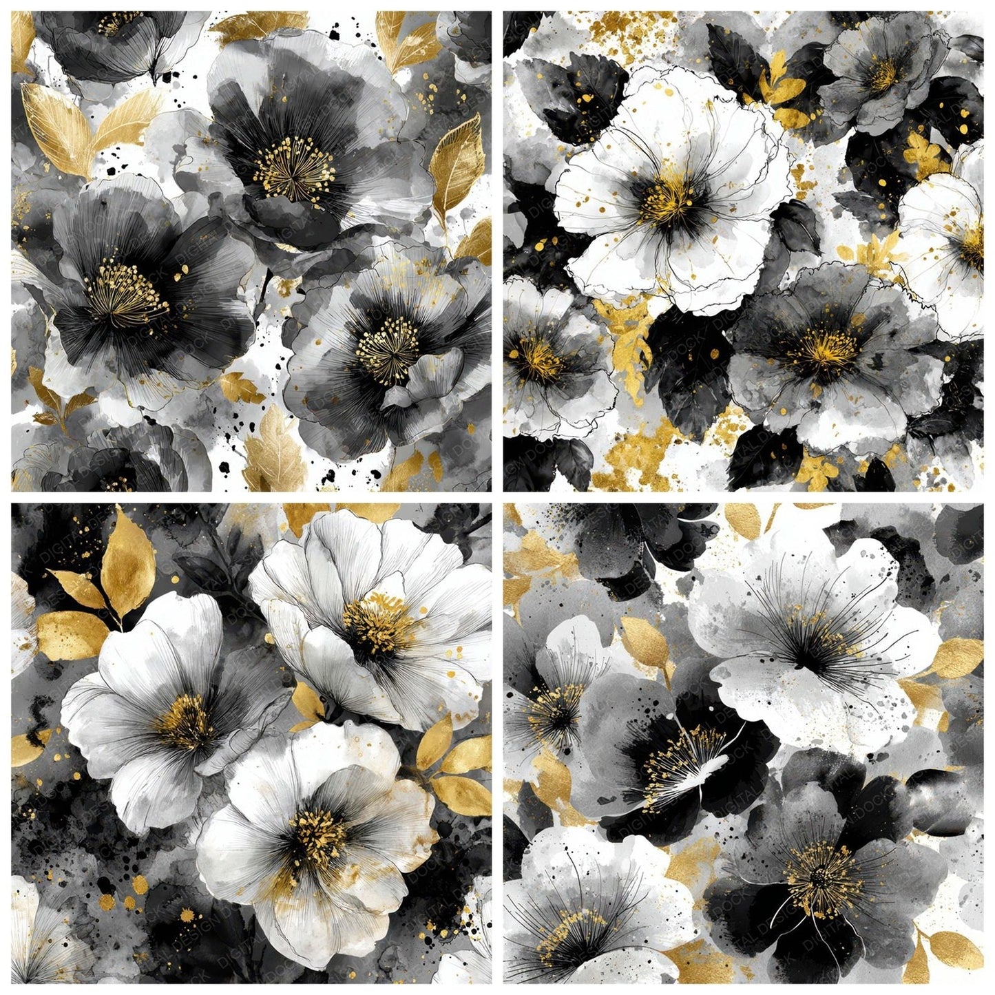 Monochrome Gold Bloom Digital Paper Pack (DDD008015)