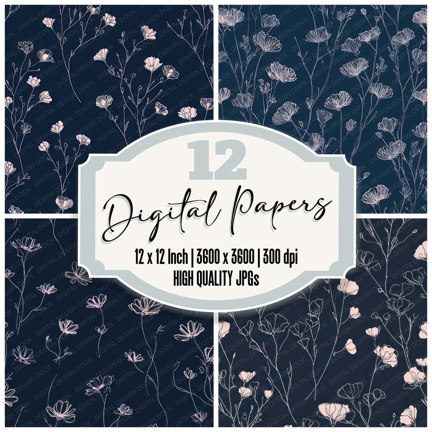 Navy Blush Outlines Digital Paper Pack (DDD008016)