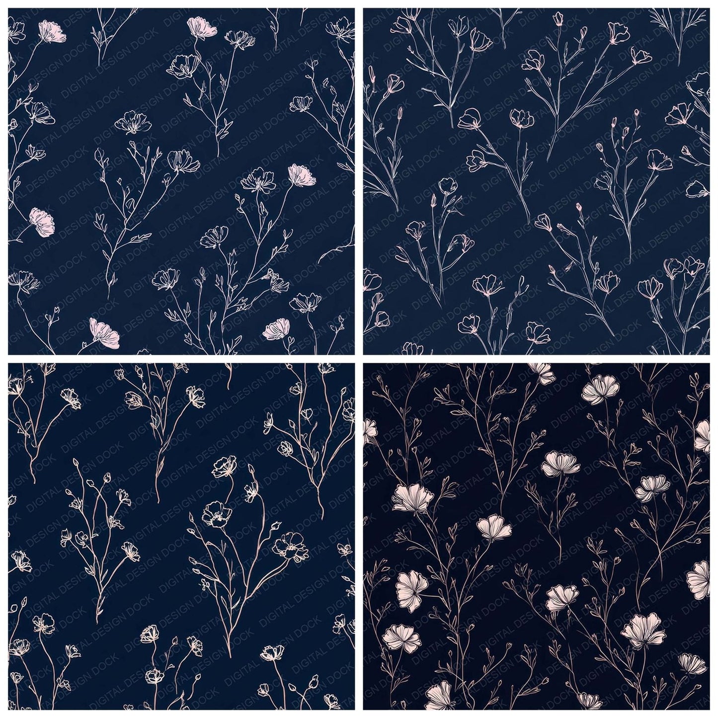 Navy Blush Outlines Digital Paper Pack (DDD008016)