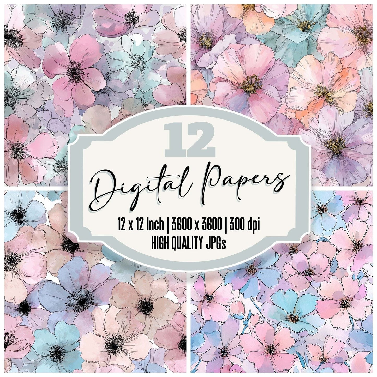 Pastel Ink Florals Digital Paper Pack (DDD008021)