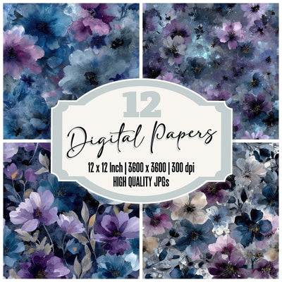 Storm Ink Florals digital paper pack cover showing four of the 12 papers