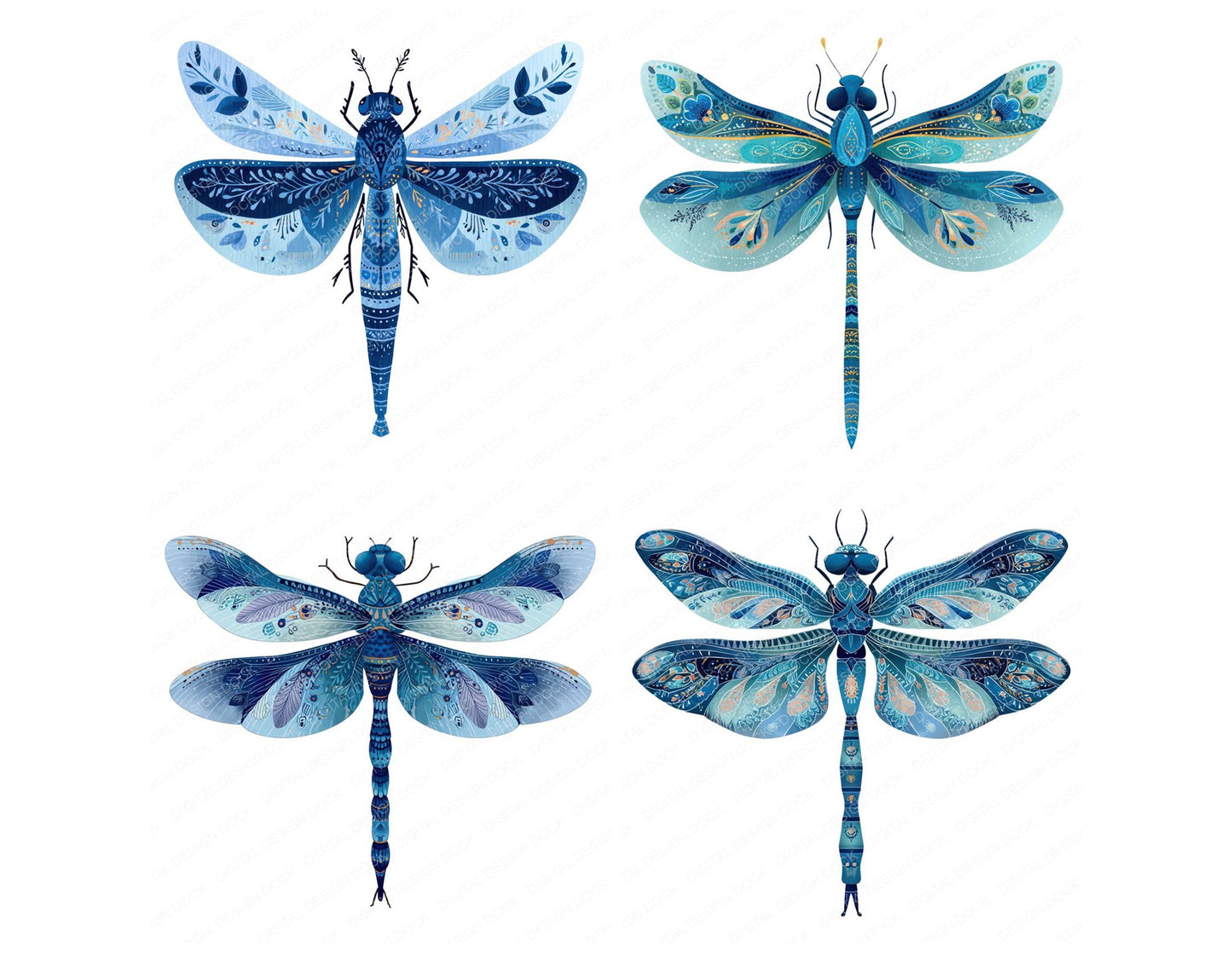 Indigo Folk Art Dragonfly Clipart Set (DDD008214)