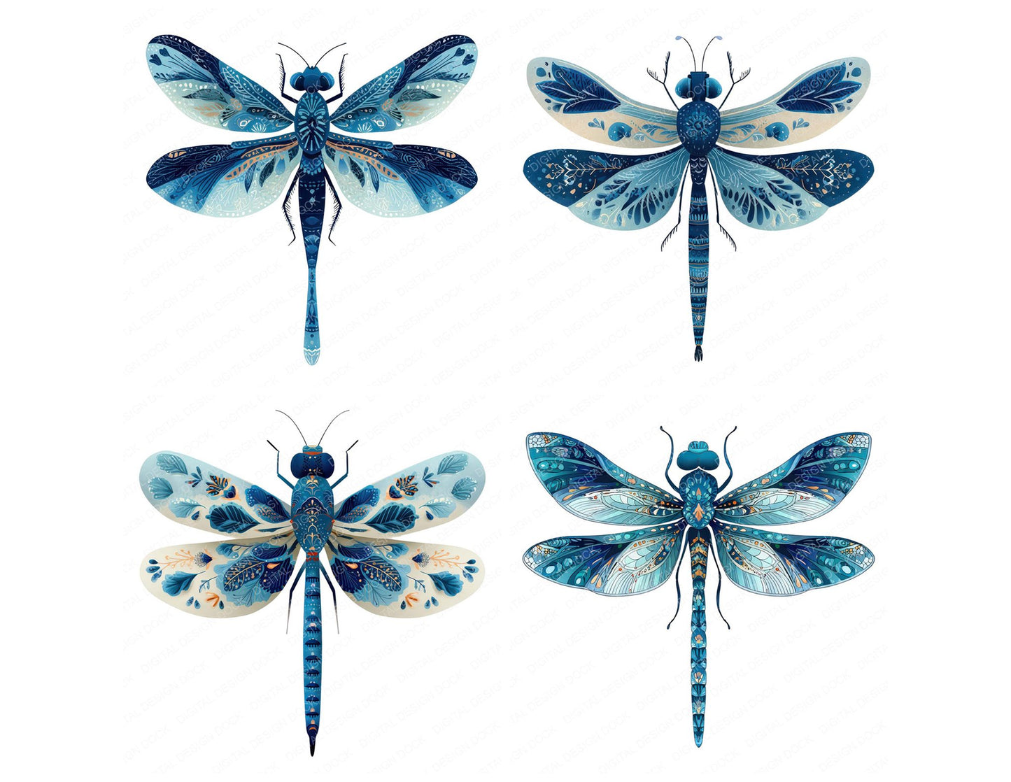 Indigo Folk Art Dragonfly Clipart Set (DDD008214)