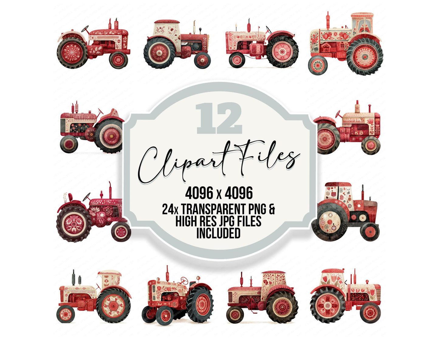 Red Folk Art Tractor Clipart Set (DDD008219)