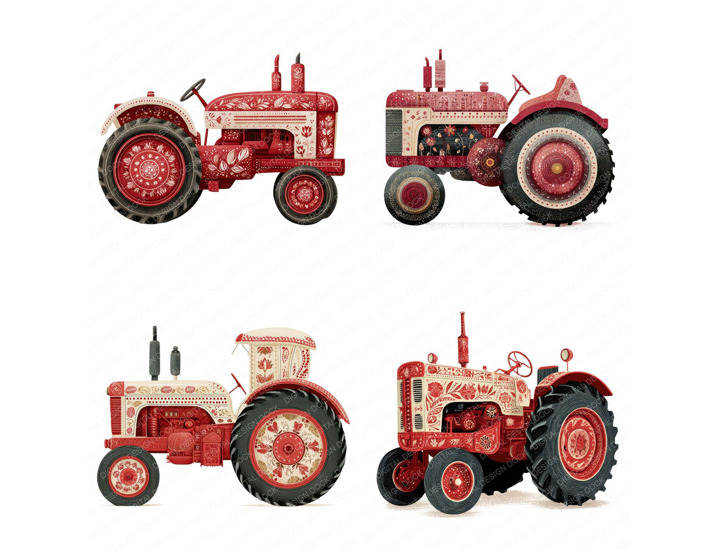 Red Folk Art Tractor Clipart Set (DDD008219)