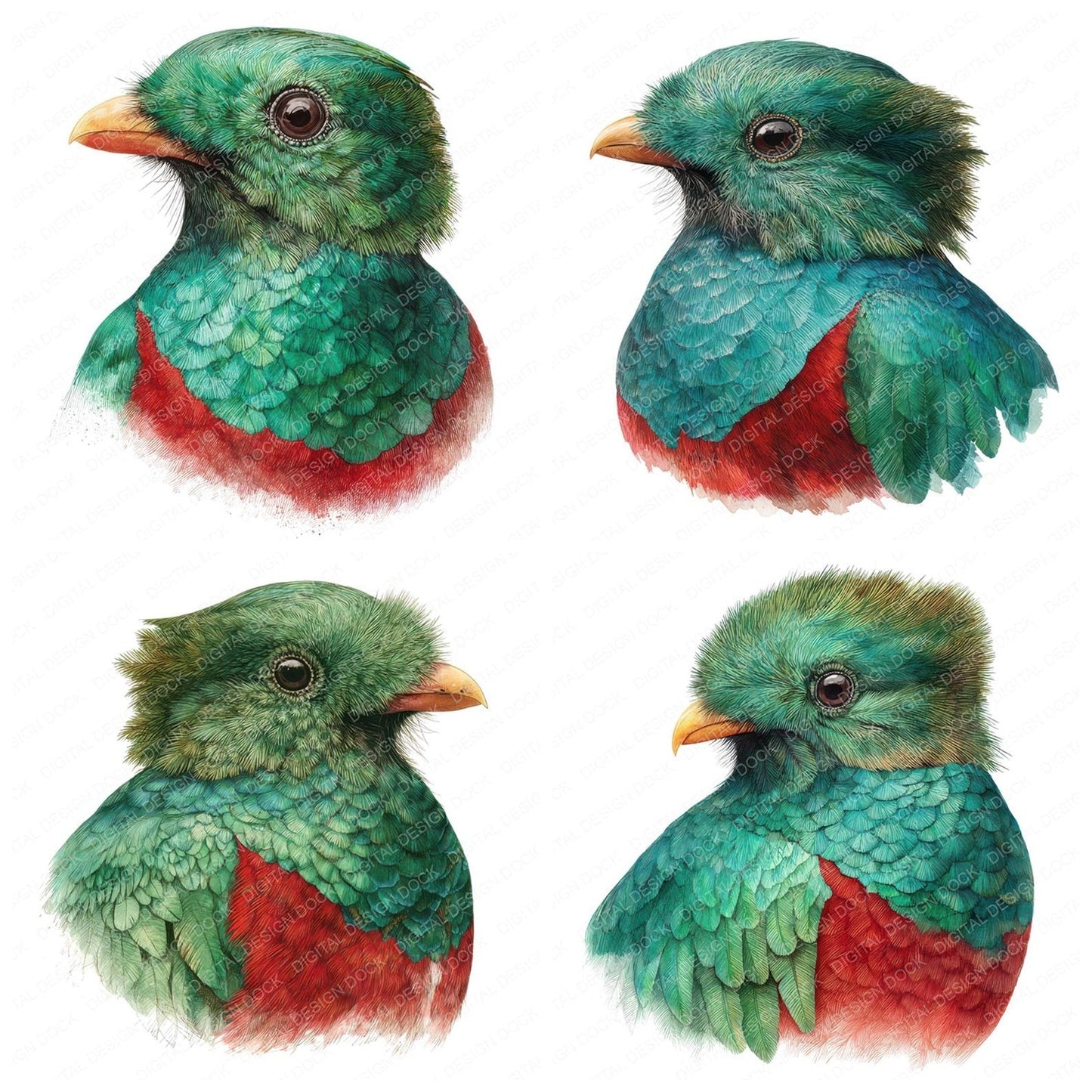Resplendent Quetzal Exotic Bird Portrait Clipart Set (DDD008221)