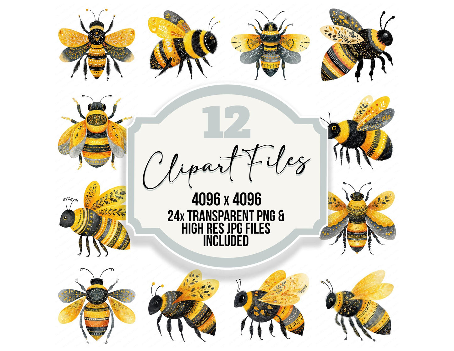 Yellow Folk Art Bee Clipart Set (DDD008227)