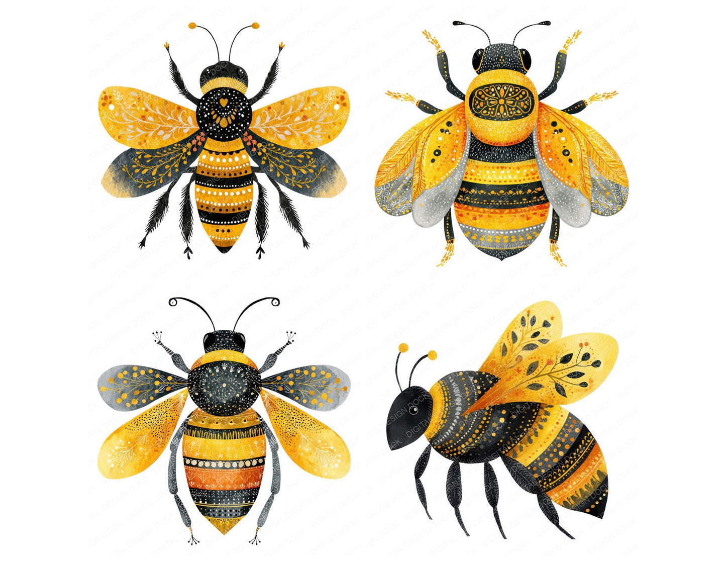 Yellow Folk Art Bee Clipart Set (DDD008227)