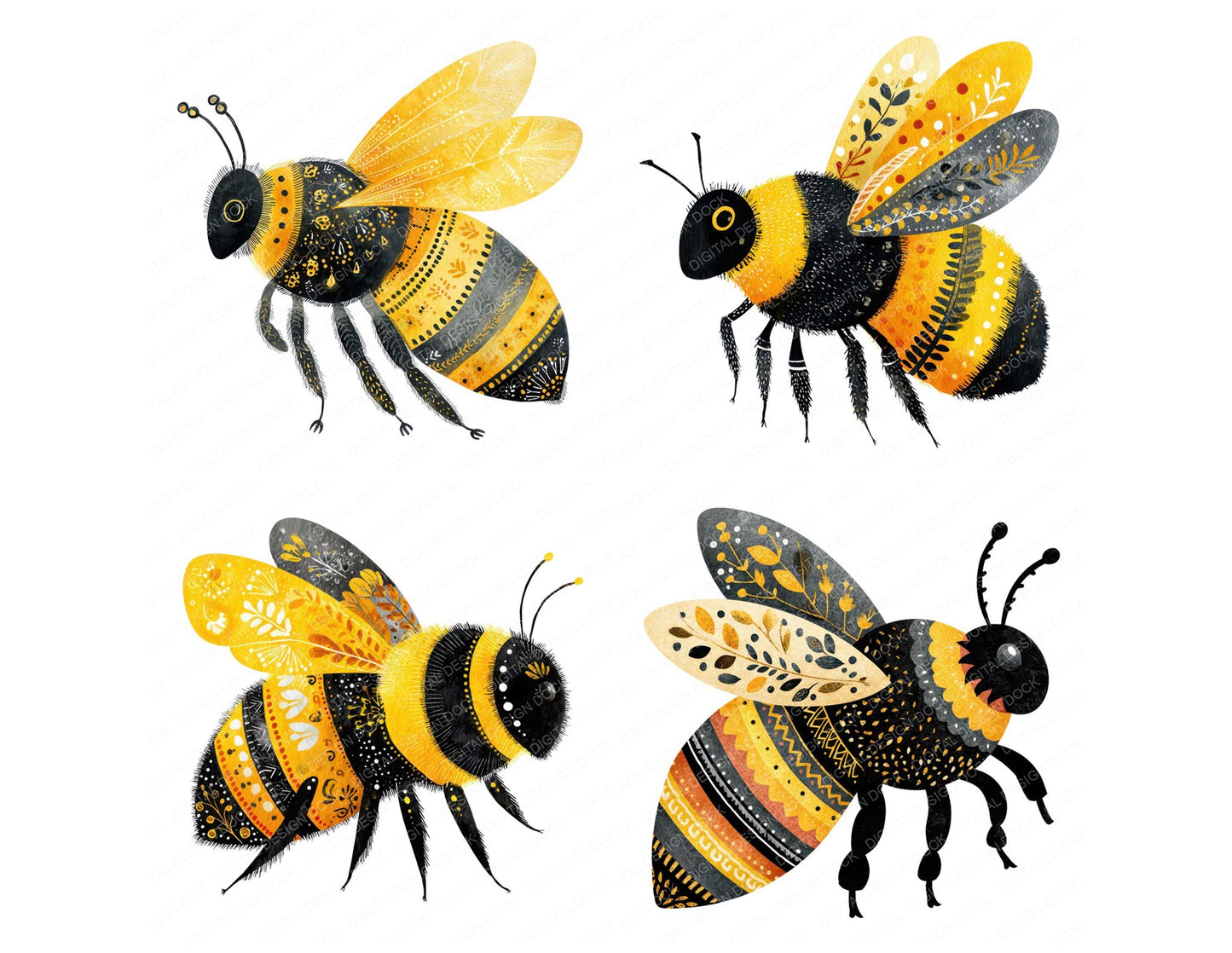Yellow Folk Art Bee Clipart Set (DDD008227)