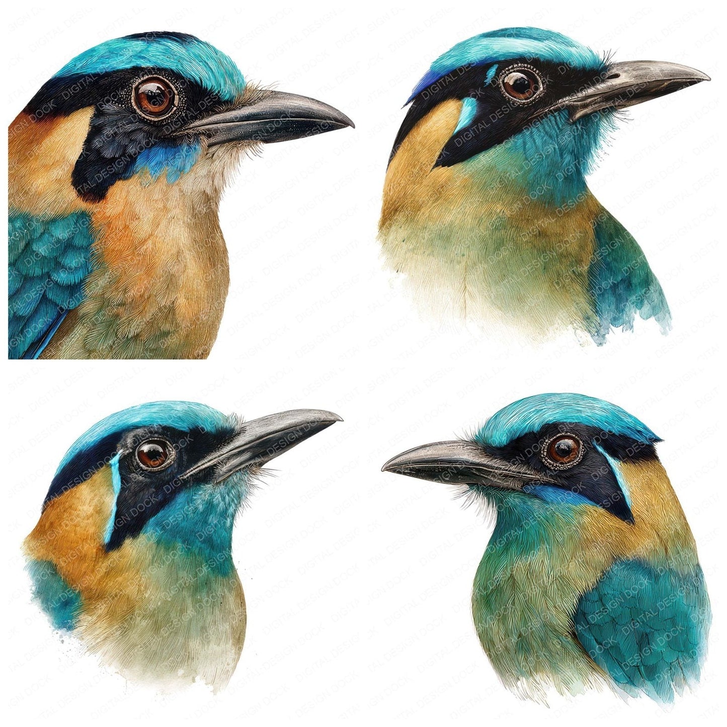 Blue Crowned Motmot Exotic Bird Portrait Clipart Set (DDD008228)
