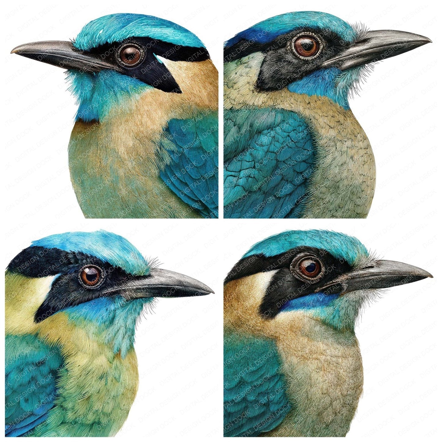 Blue Crowned Motmot Exotic Bird Portrait Clipart Set (DDD008228)