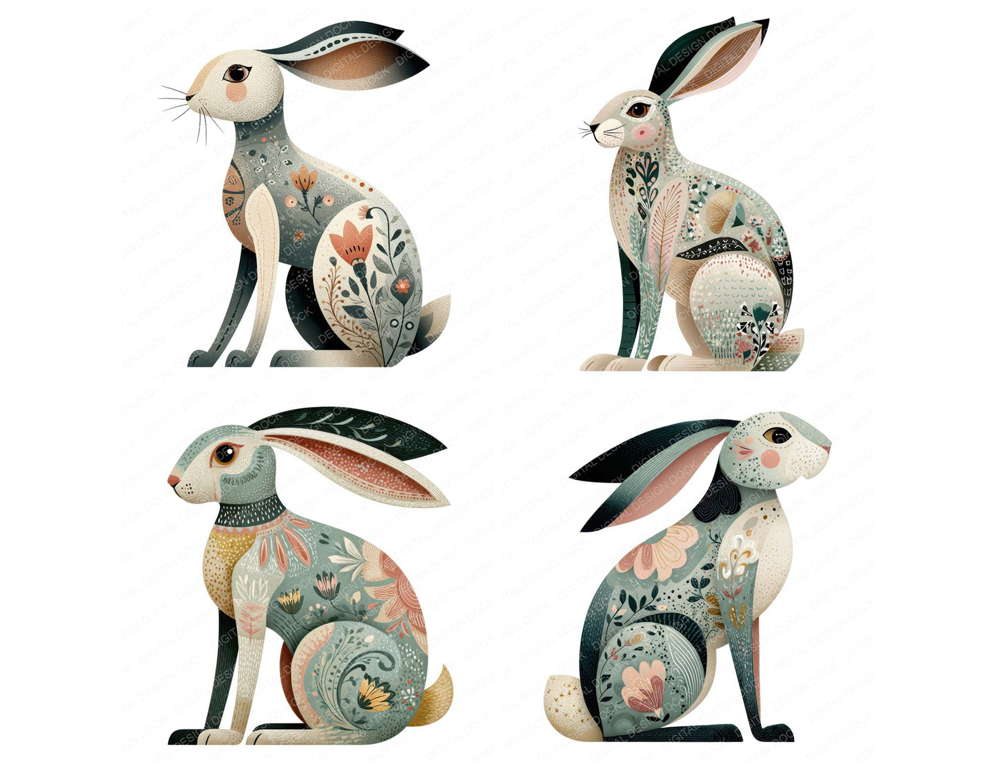 Folk Art Hare Clipart Set (DDD008257)