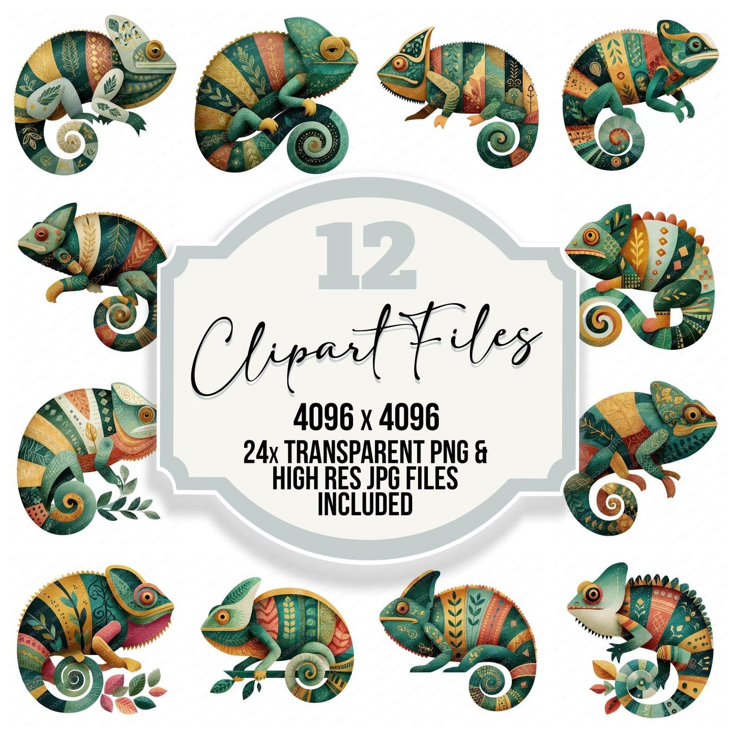 Folk Art Chameleon Clipart Set (DDD008269)