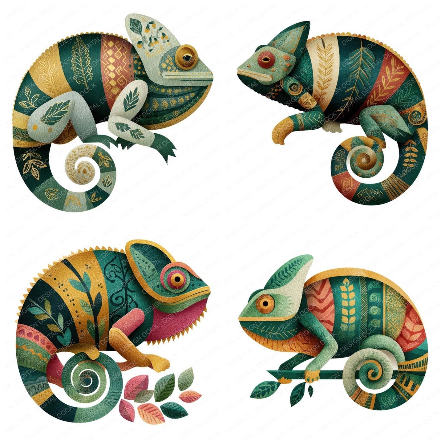 Folk Art Chameleon Clipart Set (DDD008269)