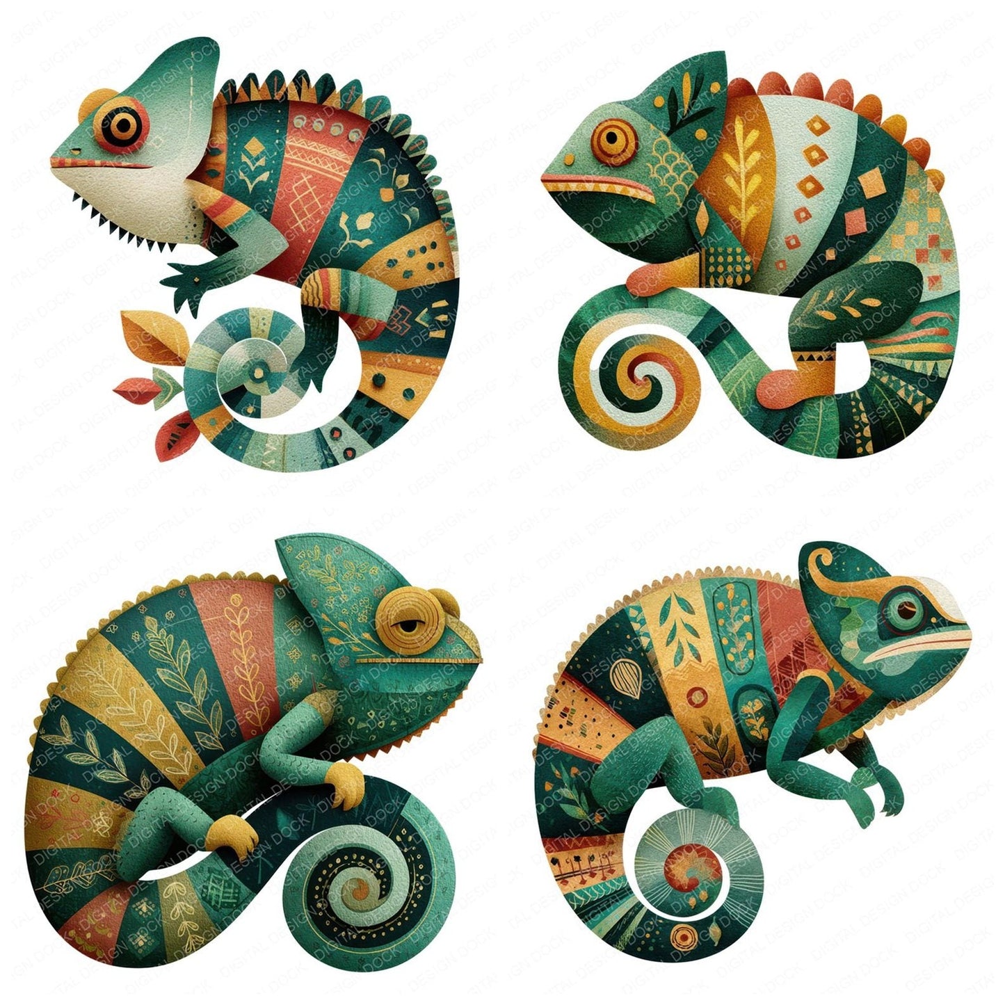 Folk Art Chameleon Clipart Set (DDD008269)