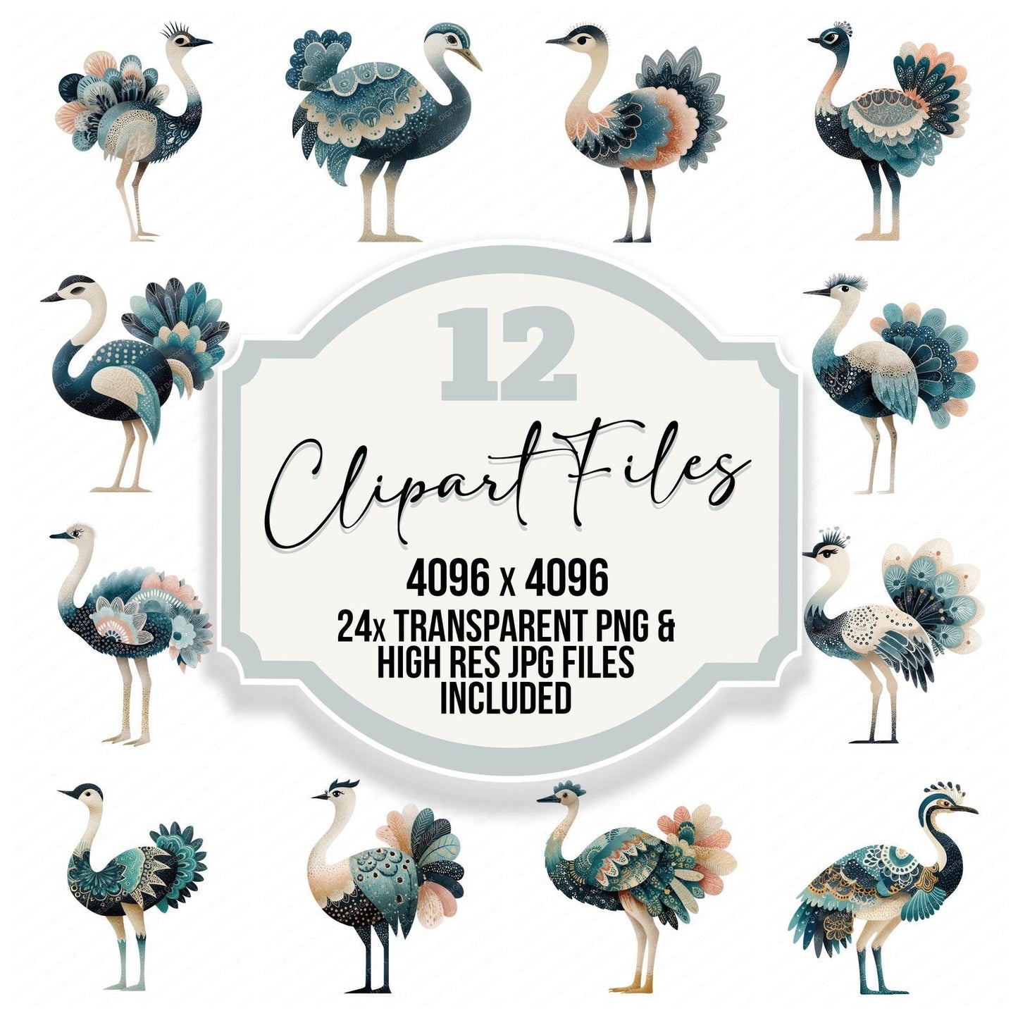 Folk Art Ostrich Clipart Set (DDD008272)
