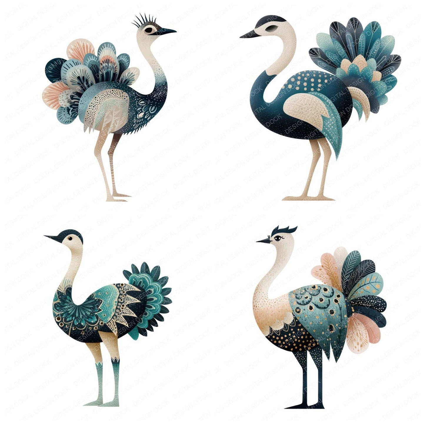 Folk Art Ostrich Clipart Set (DDD008272)