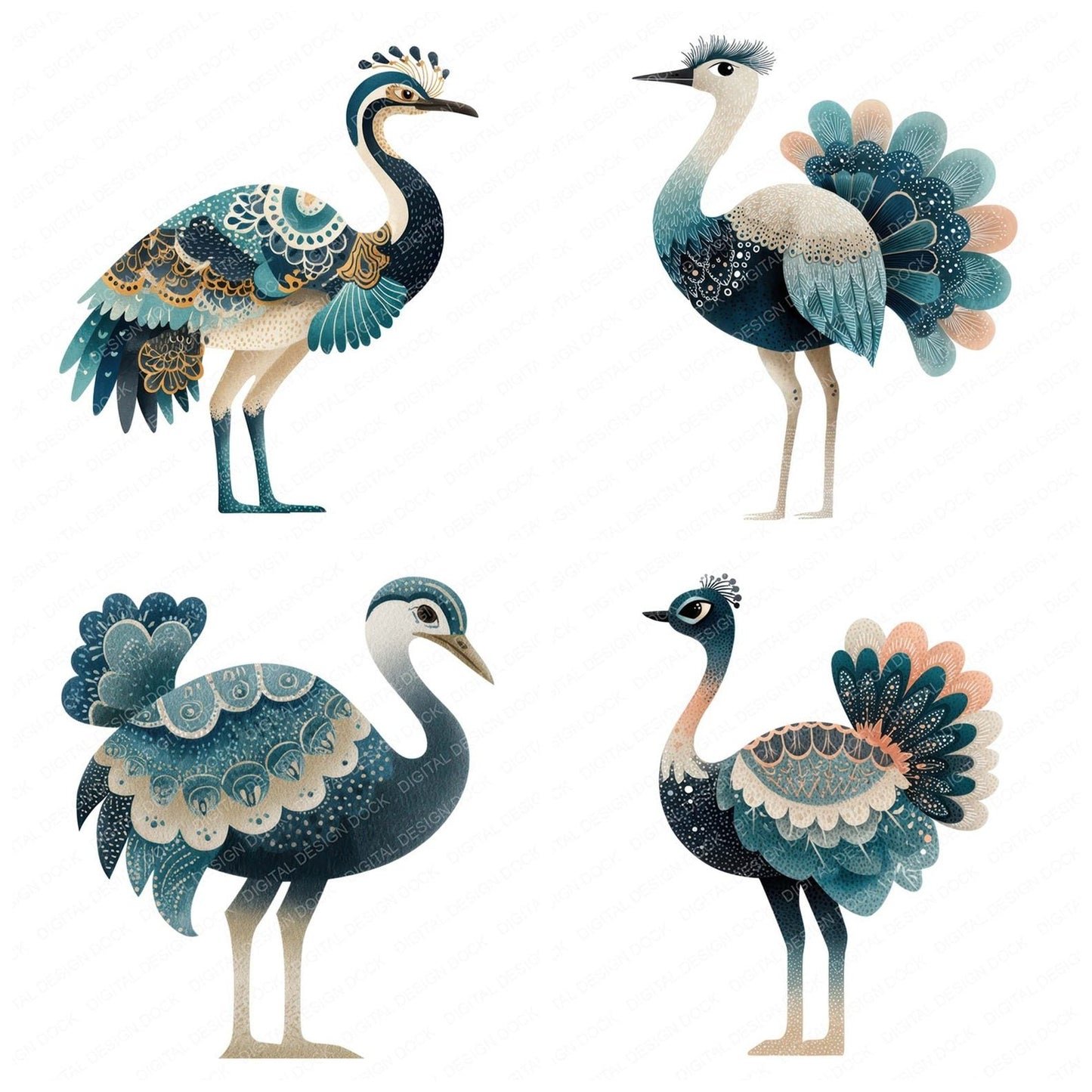 Folk Art Ostrich Clipart Set (DDD008272)