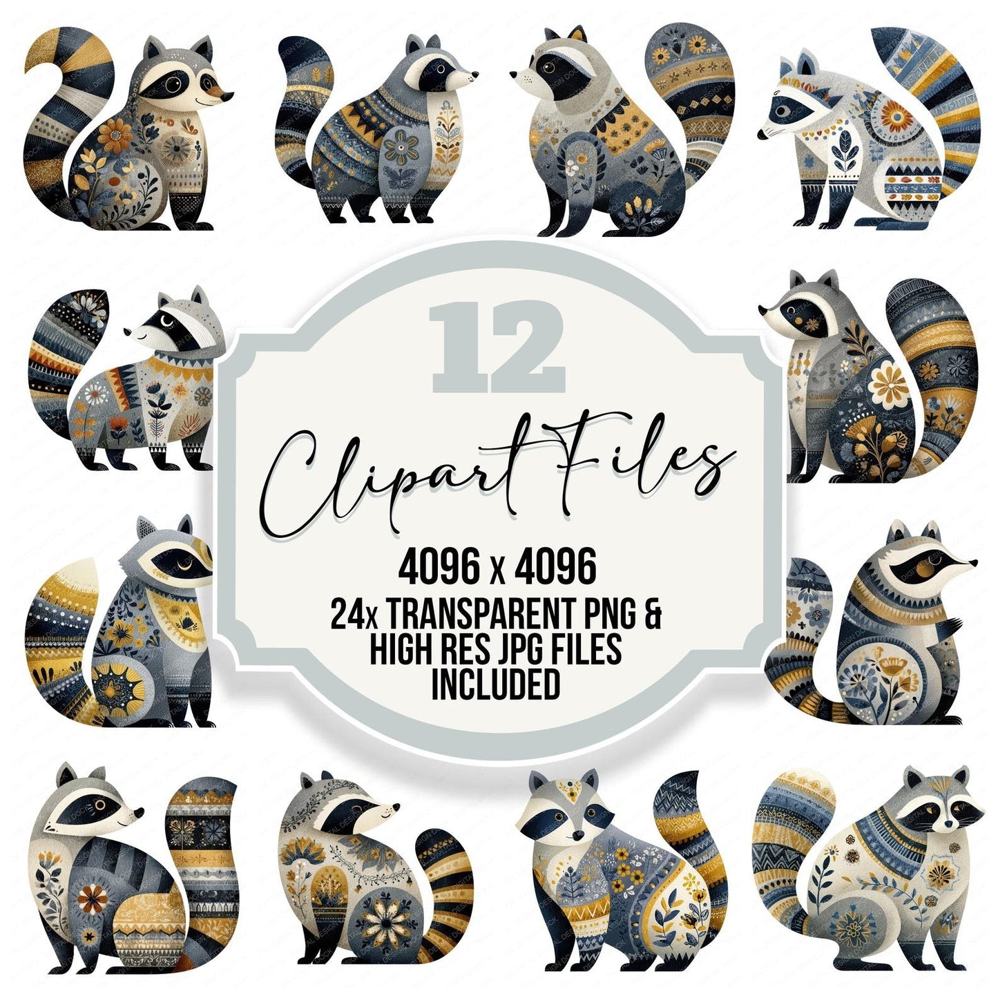Folk Art Raccoon Clipart Set (DDD008273)