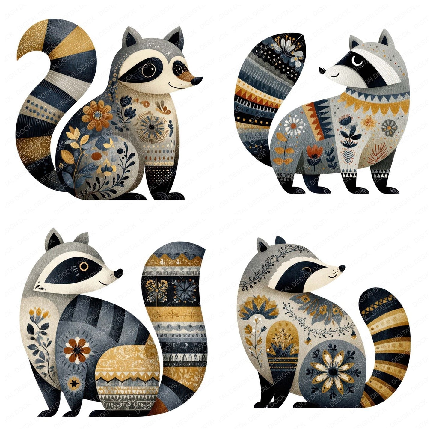 Folk Art Raccoon Clipart Set (DDD008273)