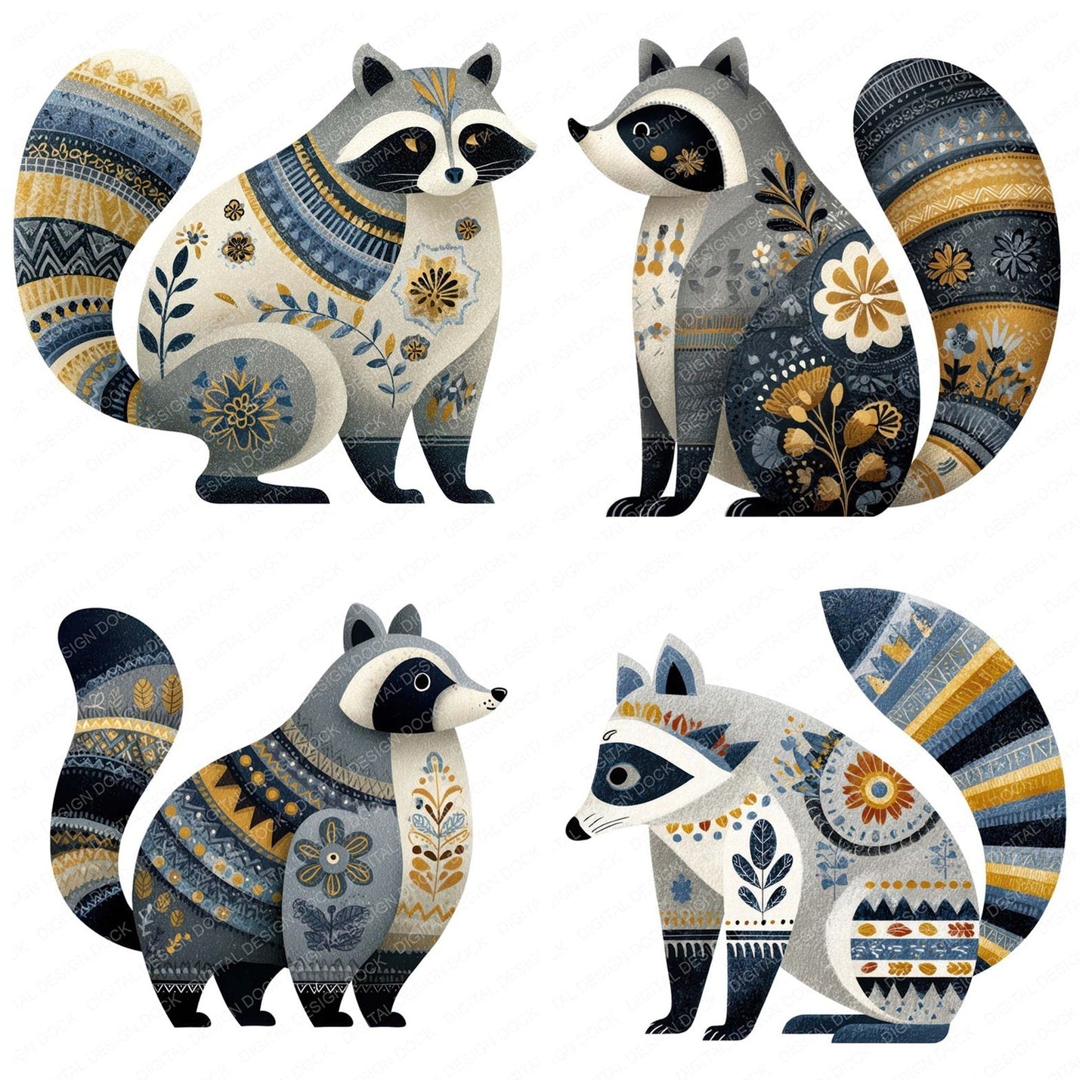 Folk Art Raccoon Clipart Set (DDD008273)