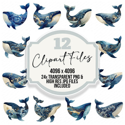Folk Art Whale clipart set cover showing the designs and file details