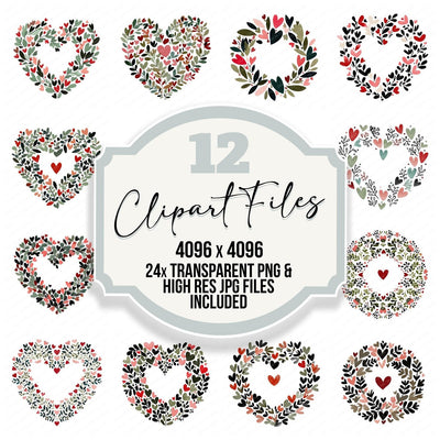 Minimal Heart Wreath clipart set cover showing the designs and file details
