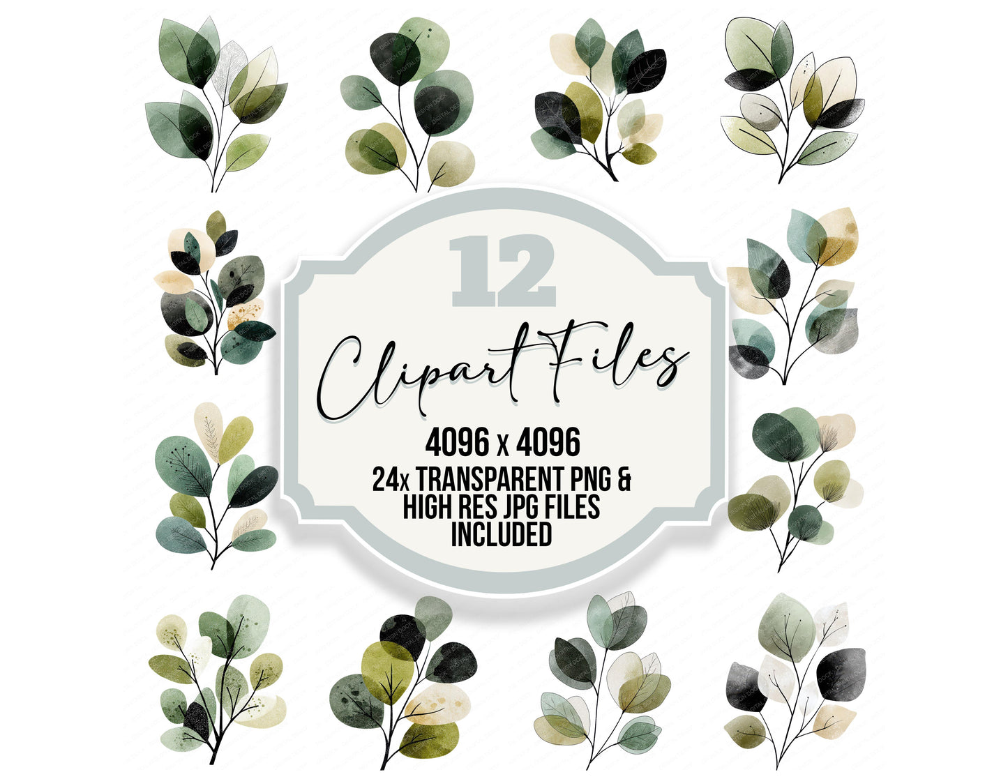 Minimal Leaf Branch clipart set with transparent PNGs and high resolution JPGs for crafting and design projects