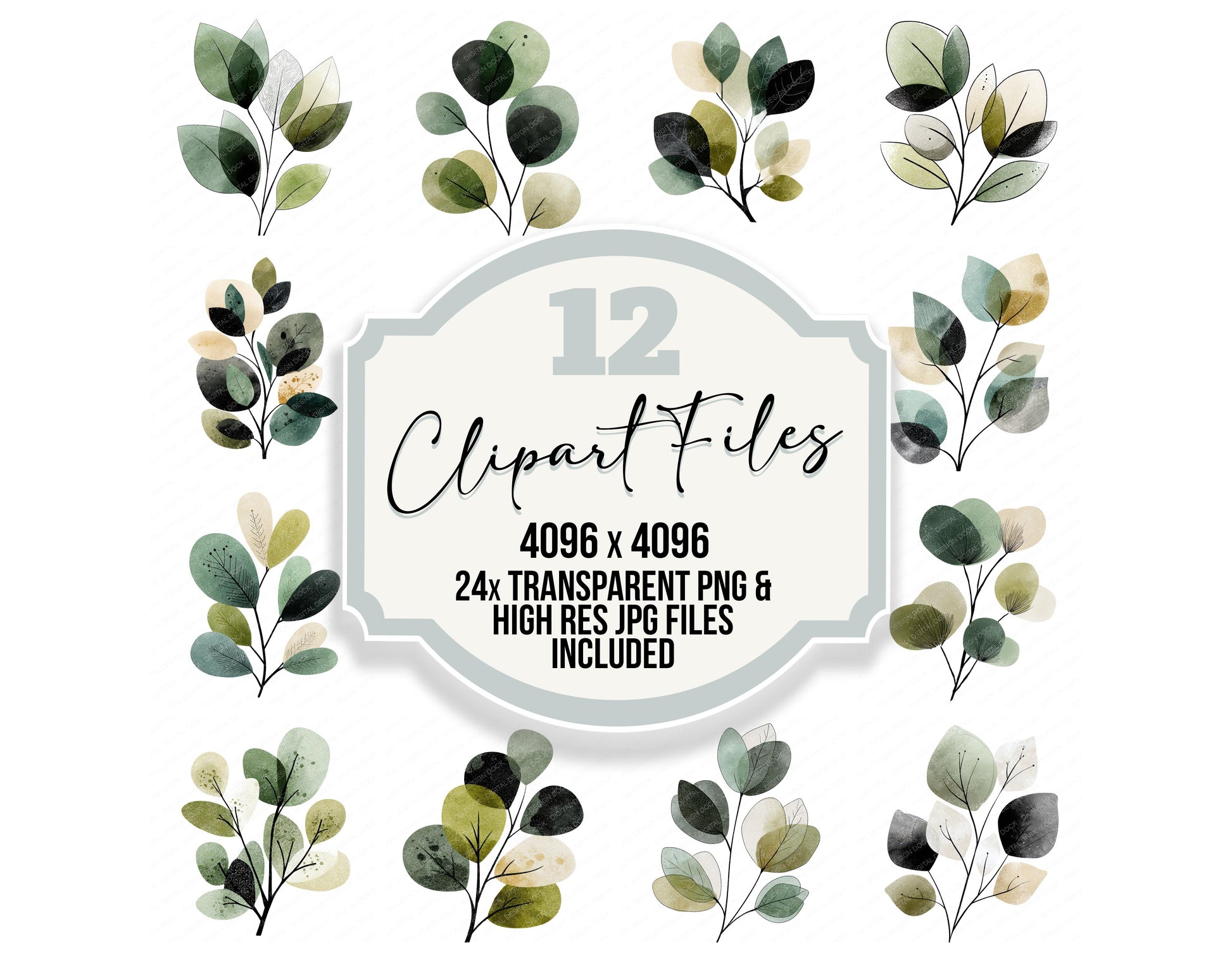 Minimal Leaf Branch clipart set with transparent PNGs and high resolution JPGs for crafting and design projects